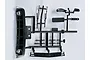 A black plastic injection molded parts tree for a 1/10 scale 2011 Camaro RC body, including a front grille, side mirrors, and other small trim components.