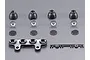 A set of RC light bar components including four black housings, four silver reflectors, four circular grilles, a mounting bracket, and a small plastic sprue.