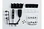 A set of unassembled black and chrome plastic RC car accent light parts including lenses, housing, and small screws on a white background.