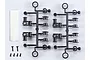 Killerbody Stealth Mounts set including two black plastic parts trees, a strip of four adhesive circles, and six small metal screws on a white background.