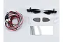 Killerbody 1/10 scale RC wing mirror set with LED lights, including mirror housings, lenses, wiring, and reflective stickers.