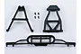 Killerbody 1/10 scale short course truck rear bumper assembly parts including a bumper, two support brackets, and four small screws on a white background.