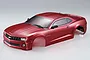 A red 1/10 scale RC car body shell of a 2011 Chevrolet Camaro, featuring detailed headlights, grille, and windshield wipers on a plain white background.