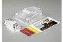 Killerbody 1/10 scale RC monster truck modified hood and front bumper set including clear plastic parts, chrome trim, adhesive strips, and decal sheet.