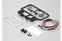 Killerbody 1/10 scale truck wing mirror set with LED lights, including plastic parts on sprues, wiring, screws, and adhesive pads.