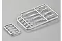 A set of chrome-plated plastic RC car door handles and small mounting components on two sprues against a grey background.