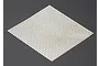A square sheet of silver-coloured stainless steel mesh with a uniform pattern of small circular holes, set against a dark grey background.