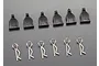 A set of six metal RC body clips with black plastic pull tabs arranged on a grey surface.