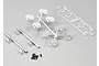 Killerbody 1/10 scale RC truck accent light parts including chrome light buckets, grilles, clear lenses, and small screws on a grey background.