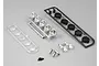 A set of unassembled RC truck roof light parts including chrome reflectors, black light covers, clear lenses, and small screws on a grey background.