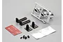 Killerbody 1/10 scale chrome dual exhaust pipe set with mounting brackets, screws, 3M adhesive tape, and heat shield material.
