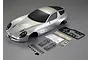 Killerbody 1/10 scale Alfa Romeo TZ3 Corsa silver painted RC car body shell with included plastic accessories, clips, and adhesive tape on a grey background.