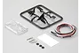 Killerbody 1/10 scale touring car wing mirror set with LED lights, plastic parts trees, body clips, and small rubber rings on a grey background.