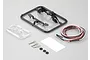Killerbody 1/10 scale touring car wing mirror set including plastic parts, LED lights, body clips, and small O-rings on a grey background.
