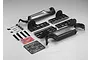 A Killerbody 1/10 scale Alfa Romeo TZ3 Corsa display chassis kit including black plastic frame components, screws, adhesive strips, and mounting hardware.