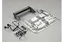 Killerbody 1/10 scale Lancia Beta Montecarlo plastic parts set including a black rear wing, black side mirrors, and a chrome-plated light bucket tree.