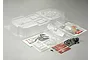 Killerbody 1/10 scale touring car cockpit set including clear plastic interior parts, decals, and small hardware components.