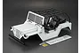 A white 1/10 scale RC crawler body shell by Killerbody, featuring a black roll cage, interior seats, and included decal sheets on a dark background.