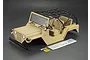Killerbody 1/10 scale matte desert tan crawler body shell with black roll cage, interior, and decal sheet on a dark background.
