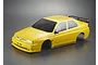 A yellow Killerbody 1/10 scale Alfa Romeo 155 GTA RC car body shell with black rear spoiler and tinted windows against a grey background.