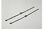 Two black fabric cable ties with plastic buckles laid out on a plain light grey background.