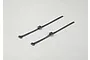 Two black fabric cable ties with plastic buckles laid out on a light grey background.