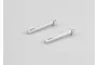 Two silver-coloured aluminium RC body mounts with three adjustment holes, positioned diagonally on a plain light grey background.