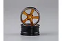 Two Killerbody 1.9 inch RC car rims featuring a five-spoke gold design with black outer barrels against a grey background.