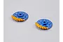 Two blue aluminium RC brake discs with gold-coloured calipers on a plain grey background.