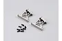 Two grey aluminium RC rear wing mounts with a set of small black screws on a plain light grey background.