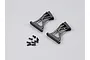 Two black aluminium RC rear wing mounts with a set of small mounting screws on a light grey background.