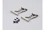 Two grey aluminium RC car rear wing mounts with a small pile of black mounting screws on a plain grey background.