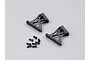 Two black aluminium RC rear wing mounts with a set of small black screws on a plain grey background.