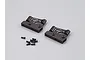Two black aluminium RC rear wing mounts with a set of small black mounting screws on a light grey background.