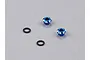 Two blue anodized aluminium LED light holders and two black rubber O-rings on a grey background.