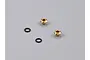 Two gold-anodized aluminium LED light holders and two black rubber O-rings on a grey background.