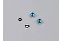 Two light blue aluminium LED light holders and two black rubber O-rings on a grey background.