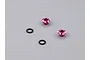 Two pink aluminium 3mm LED light holders and two black rubber O-rings on a grey background.