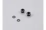 Two black aluminium 5mm LED light holders and two small black rubber O-rings on a plain grey background.