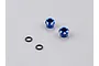 Two blue anodized aluminium 5mm LED light holders and two black rubber O-rings on a grey background.