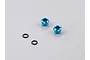 Two light blue anodized aluminium 5mm LED light holders and two black rubber O-rings on a plain grey background.