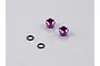 Two purple anodized aluminium LED light holders and two black rubber O-rings on a grey background.