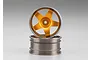 Two gold and silver aluminium RC drift rims stacked on a plain grey background.