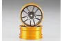 Two Killerbody 1.9-inch RC drift rims featuring gold outer barrels and gun metal grey multi-spoke centers, stacked against a neutral grey background.