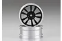 Two Killerbody 1.9 inch RC car rims with a black dual-spoke design and silver outer barrels, stacked against a neutral grey background.
