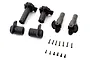 A set of black plastic RC car rear axle housing components and small screws arranged on a white background.