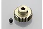 A 37T 64dp pinion gear made of gold-toned metal, shown with a small black grub screw on a light grey background.