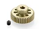 A gold-colored 42T 64dp pinion gear with a small black grub screw sitting on a white background.