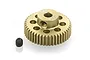 A gold-coloured 45T 64dp RC pinion gear with a small black grub screw sitting on a white background.