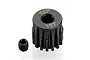 A black 15-tooth 48-pitch pinion gear with a small grub screw placed next to it on a white background.